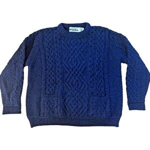 Aran Crafts Irish Sweater Womens XL Pullover Crew Neck Pockets Blue Merino Wool